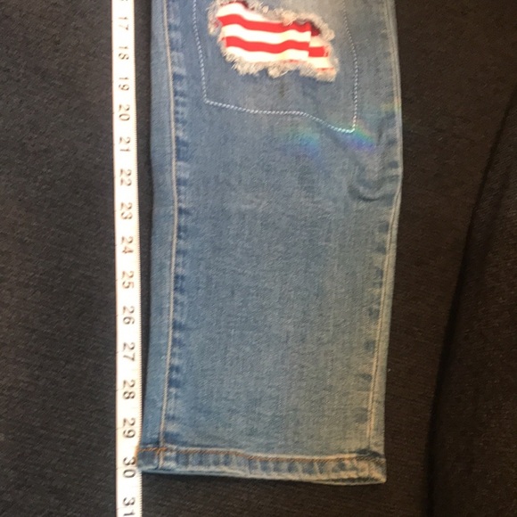 US Flag Stars and Stripes Distressed Patchwork 5 Pocket Straight Leg Jeans-L - Picture 8 of 10